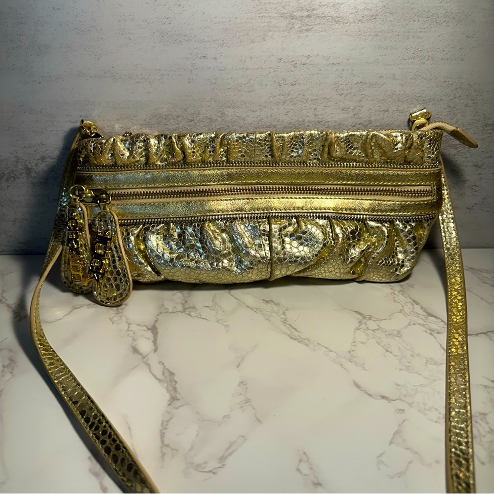 CHARM AND LUCK Women's Gold Leather Crossbody Handbag Clutch Excel Condition